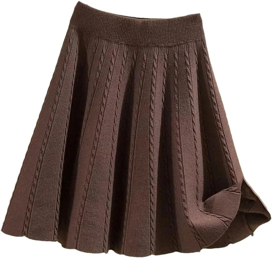 Women Winter Warm Knit Pleated Short Skirt Elastic High Waist Sweater Skirts Autumn Solid Elastic Knitting Mini Skirt