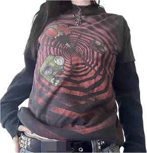 Women Y2k Fairy Grunge Shirt Vintage Graphic Print Long Sleeve Tee Tops Teen Girls Aesthetic Clothes Streetwear