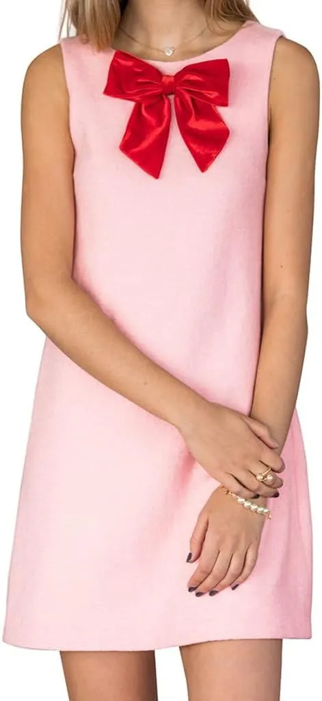 Women Y2k Mini Dress with Bow Sleeveless Pleated A-Line Dress Boat Neck Zipper Back Cocktail Party Tank Mini Dress