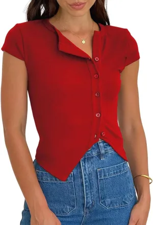Women Y2K Short Cap Sleeve Button Down Ribbed Crop Shirt Trendy V Neck Casual Slim Fit Asymmetrical Split Hem Tee