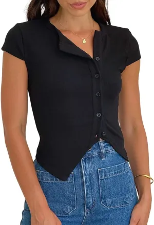 Women Y2K Short Cap Sleeve Button Down Ribbed Crop Shirt Trendy V Neck Casual Slim Fit Asymmetrical Split Hem Tee