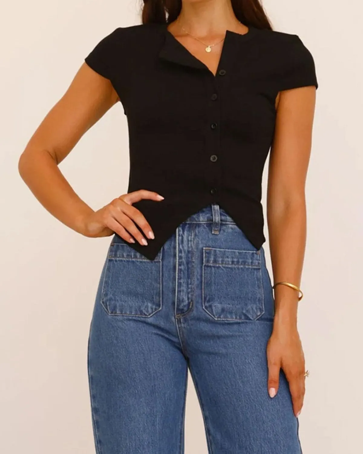 Women Y2K Short Cap Sleeve Button Down Ribbed Crop Shirt Trendy V Neck Casual Slim Fit Asymmetrical Split Hem Tee