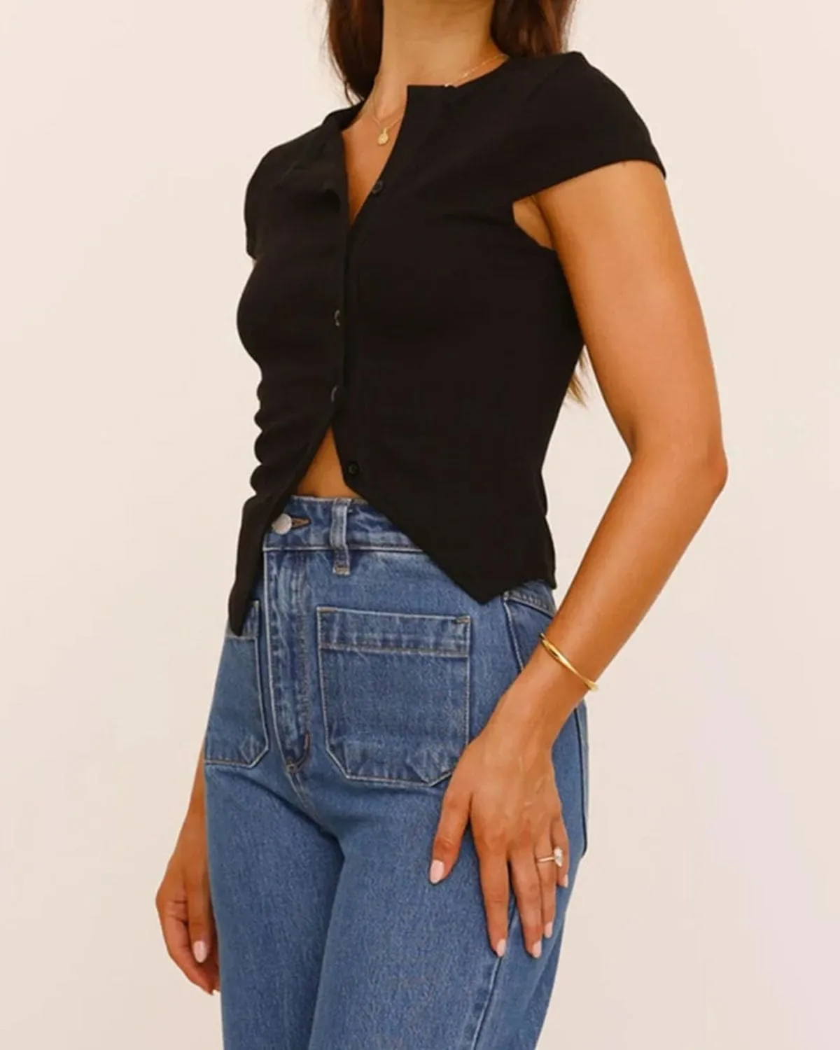 Women Y2K Short Cap Sleeve Button Down Ribbed Crop Shirt Trendy V Neck Casual Slim Fit Asymmetrical Split Hem Tee