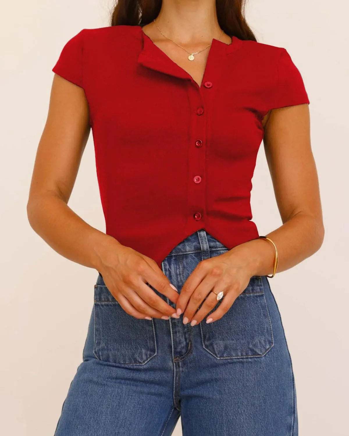 Women Y2K Short Cap Sleeve Button Down Ribbed Crop Shirt Trendy V Neck Casual Slim Fit Asymmetrical Split Hem Tee