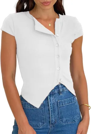 Women Y2K Short Cap Sleeve Button Down Ribbed Crop Shirt Trendy V Neck Casual Slim Fit Asymmetrical Split Hem Tee