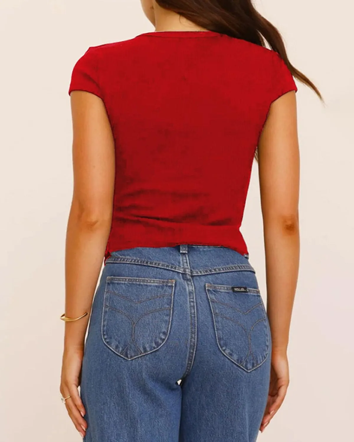 Women Y2K Short Cap Sleeve Button Down Ribbed Crop Shirt Trendy V Neck Casual Slim Fit Asymmetrical Split Hem Tee