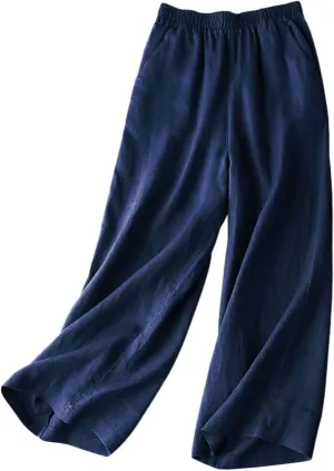 Women's 100% Linen Wide Leg Pants Casual Loose High Waisted Flowy Palazzo Trousers with Pockets Navy L