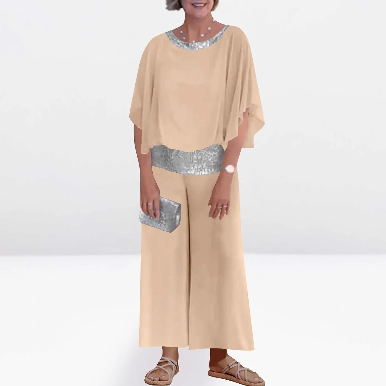 Women's 2 Piece Chiffon Sets Outfits Summer Wedding Guest Pant Suits Blouse Top Wide Leg Pants Sets Casual Business