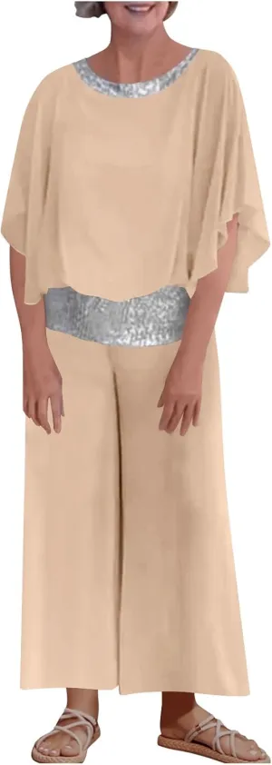 Women's 2 Piece Chiffon Sets Outfits Summer Wedding Guest Pant Suits Blouse Top Wide Leg Pants Sets Casual Business