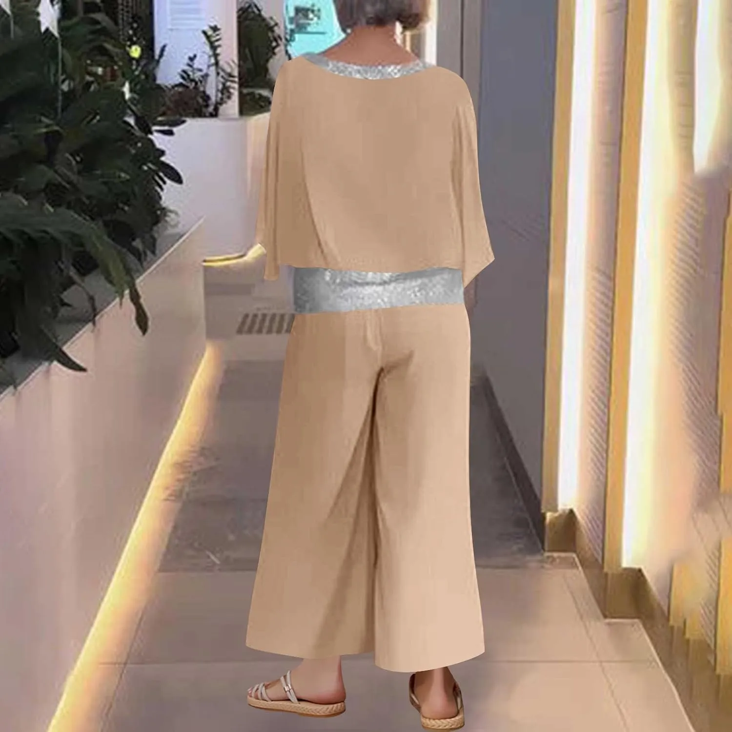 Women's 2 Piece Chiffon Sets Outfits Summer Wedding Guest Pant Suits Blouse Top Wide Leg Pants Sets Casual Business