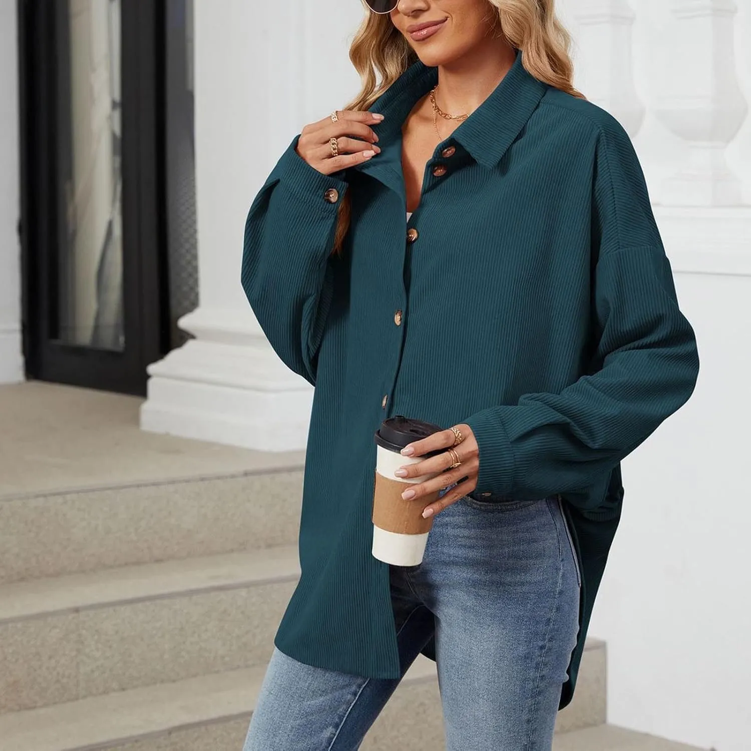 Womens 2024 Lapel Long Sleeve Solid Color Shacket Jacket Button Down Fall Shirt Coat Comfy Cute Jackets Fall Winter