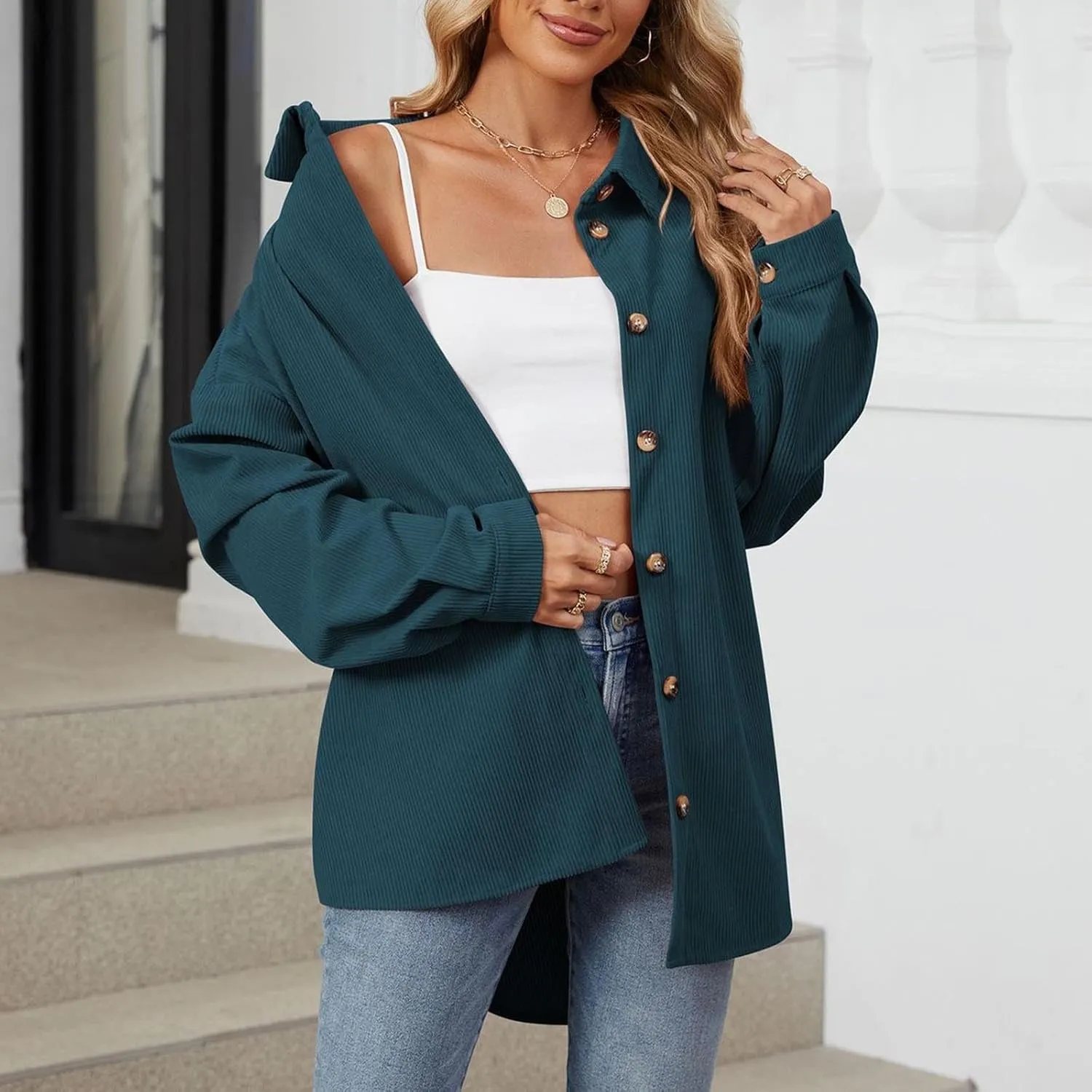 Womens 2024 Lapel Long Sleeve Solid Color Shacket Jacket Button Down Fall Shirt Coat Comfy Cute Jackets Fall Winter