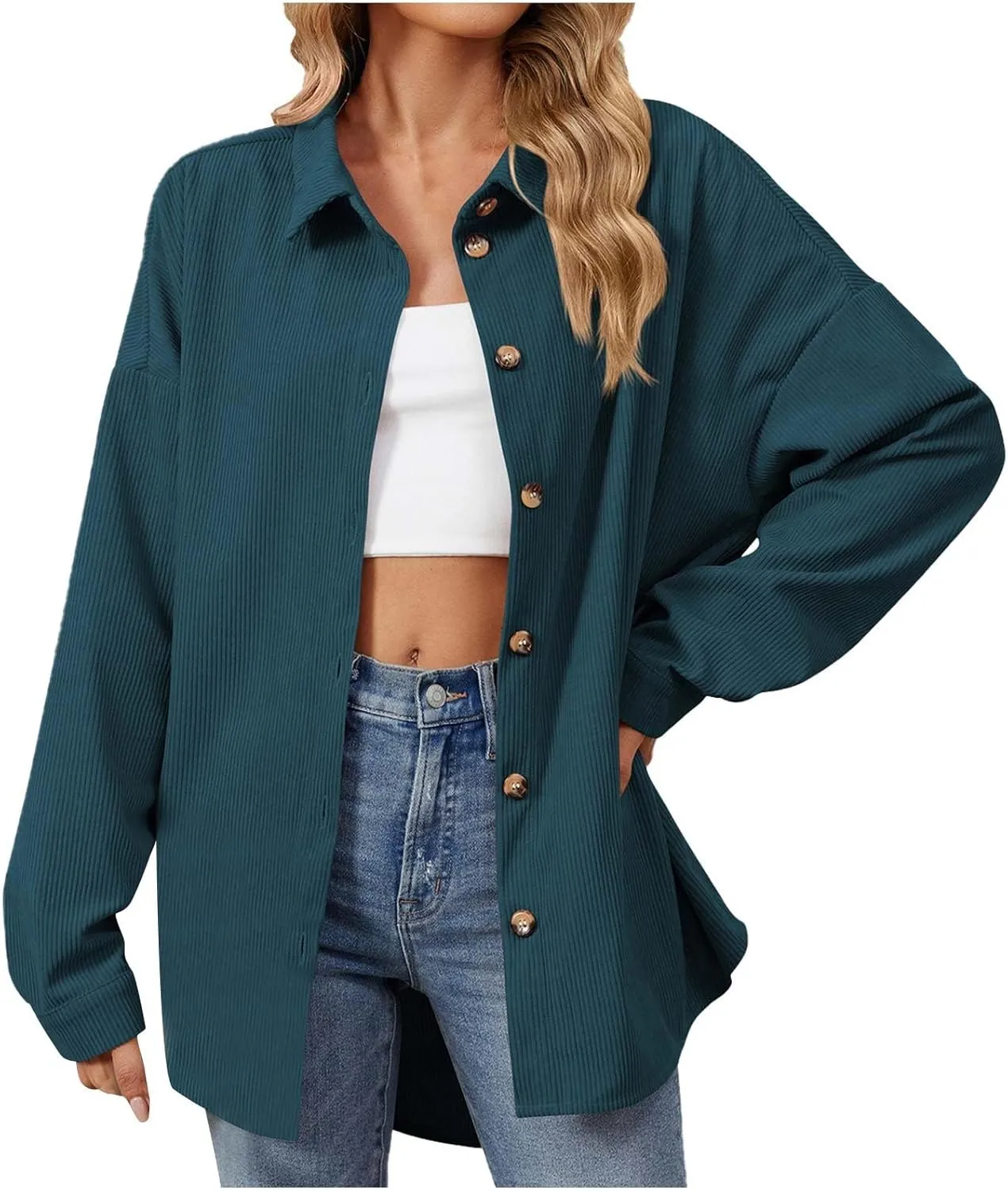 Womens 2024 Lapel Long Sleeve Solid Color Shacket Jacket Button Down Fall Shirt Coat Comfy Cute Jackets Fall Winter