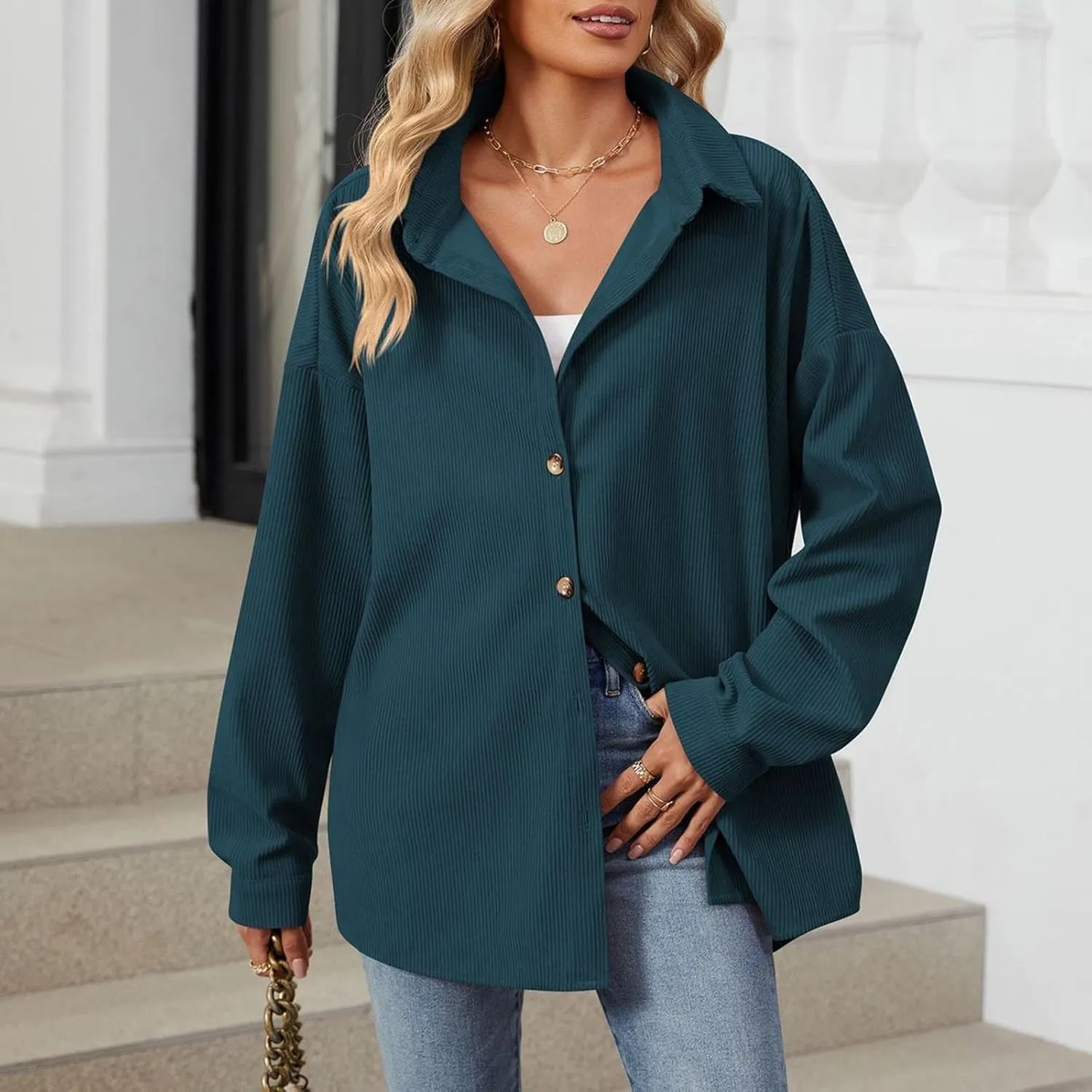 Womens 2024 Lapel Long Sleeve Solid Color Shacket Jacket Button Down Fall Shirt Coat Comfy Cute Jackets Fall Winter