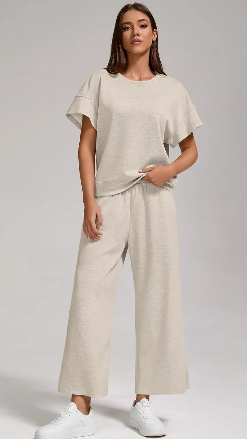 Womens Air Layer Fabric Two Piece Set Stylish Short Sleeve Top & Wide Leg 3/4 Pants Lounge Matching Tracksuit