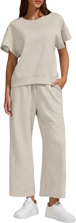 Womens Air Layer Fabric Two Piece Set Stylish Short Sleeve Top & Wide Leg 3/4 Pants Lounge Matching Tracksuit