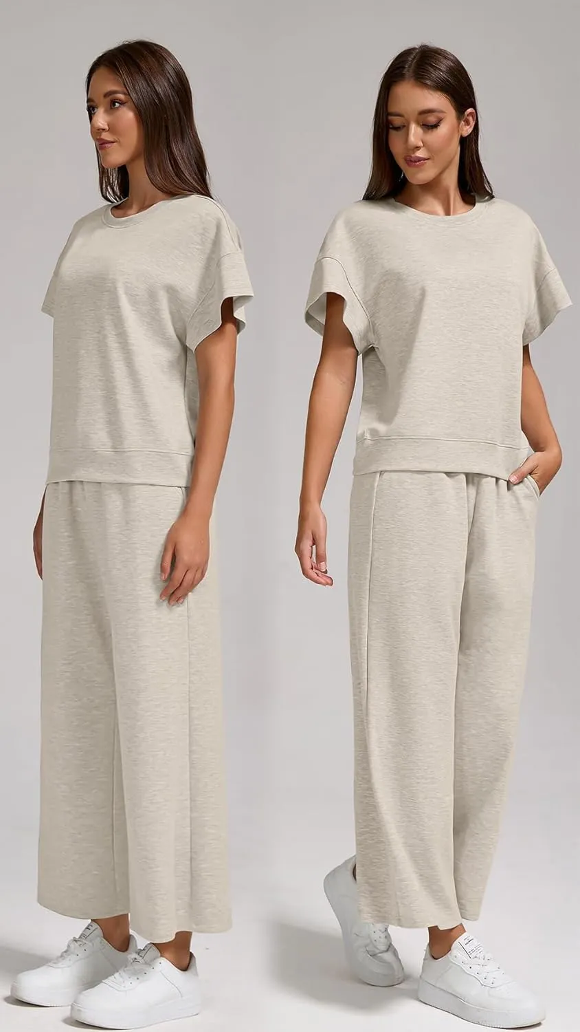 Womens Air Layer Fabric Two Piece Set Stylish Short Sleeve Top & Wide Leg 3/4 Pants Lounge Matching Tracksuit