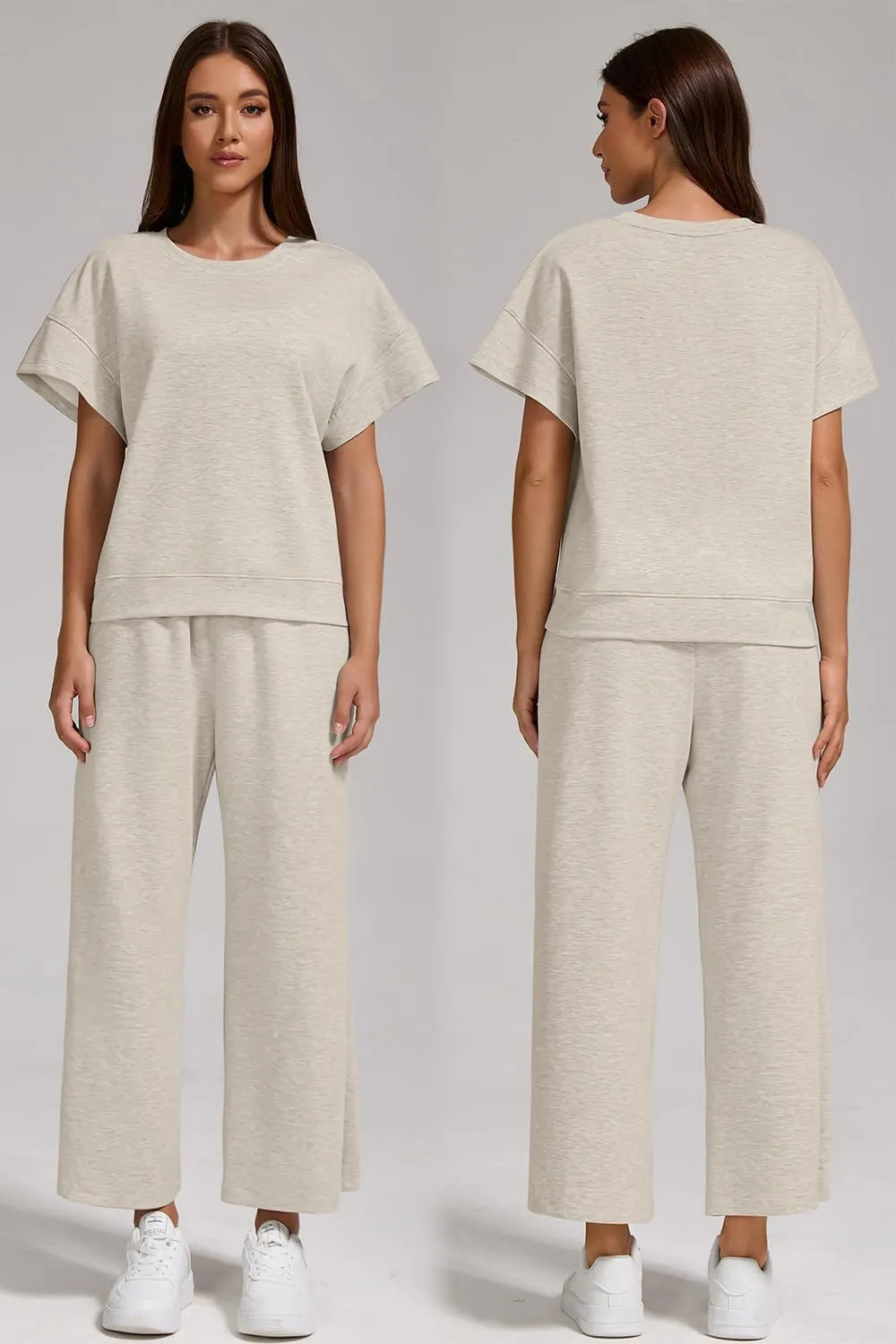 Womens Air Layer Fabric Two Piece Set Stylish Short Sleeve Top & Wide Leg 3/4 Pants Lounge Matching Tracksuit