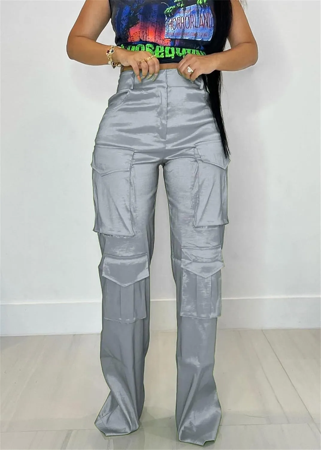 Women's Baggy Cargo Satin Pants Y2K High Waisted Wide Leg Casual Pants Straight Streetwear Trousers with Multi Pockets