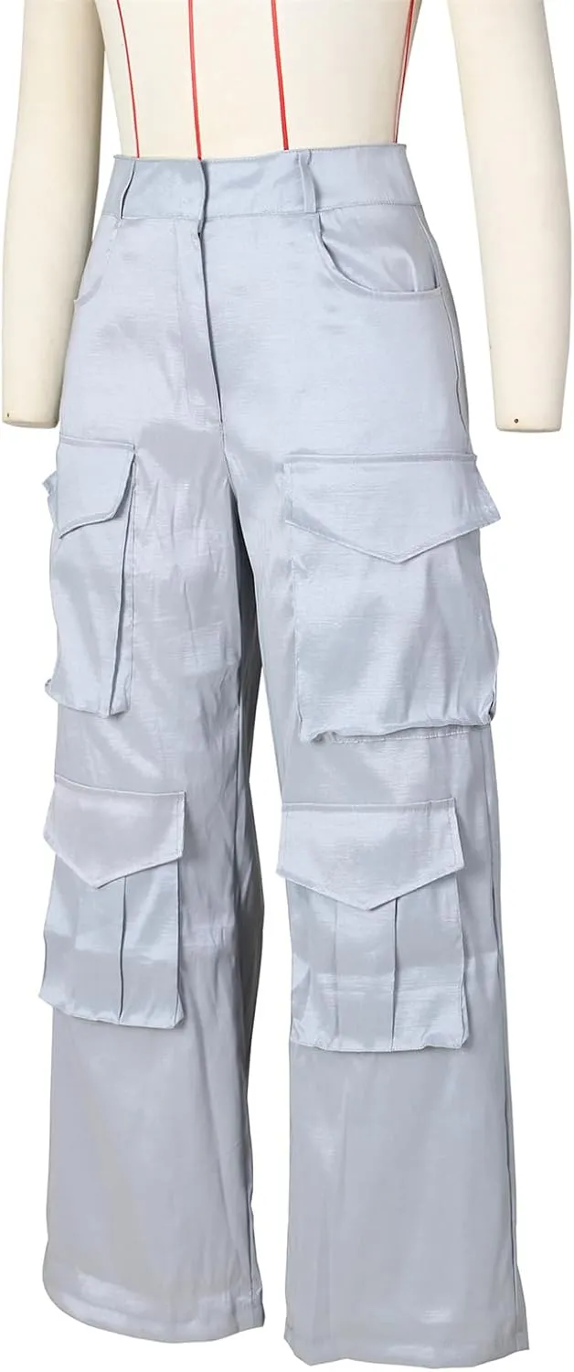 Women's Baggy Cargo Satin Pants Y2K High Waisted Wide Leg Casual Pants Straight Streetwear Trousers with Multi Pockets