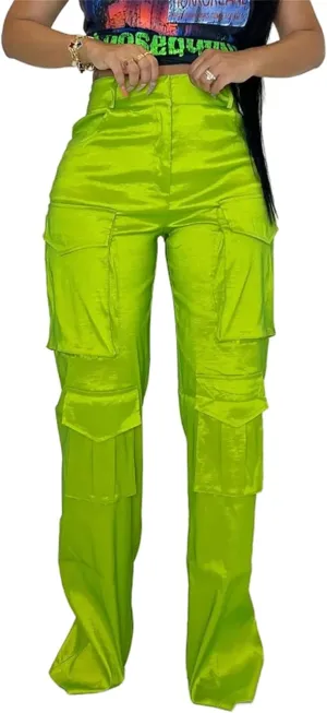 Women's Baggy Cargo Satin Pants Y2K High Waisted Wide Leg Casual Pants Straight Streetwear Trousers with Multi Pockets