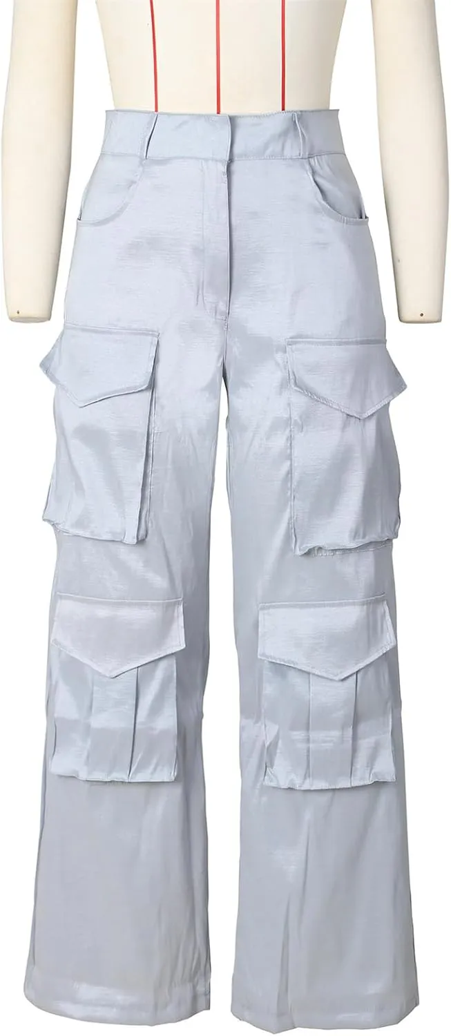 Women's Baggy Cargo Satin Pants Y2K High Waisted Wide Leg Casual Pants Straight Streetwear Trousers with Multi Pockets