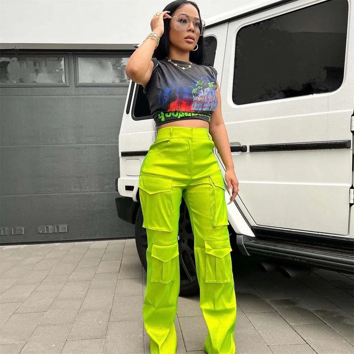 Women's Baggy Cargo Satin Pants Y2K High Waisted Wide Leg Casual Pants Straight Streetwear Trousers with Multi Pockets