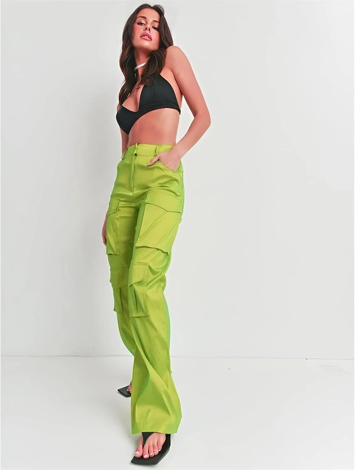 Women's Baggy Cargo Satin Pants Y2K High Waisted Wide Leg Casual Pants Straight Streetwear Trousers with Multi Pockets