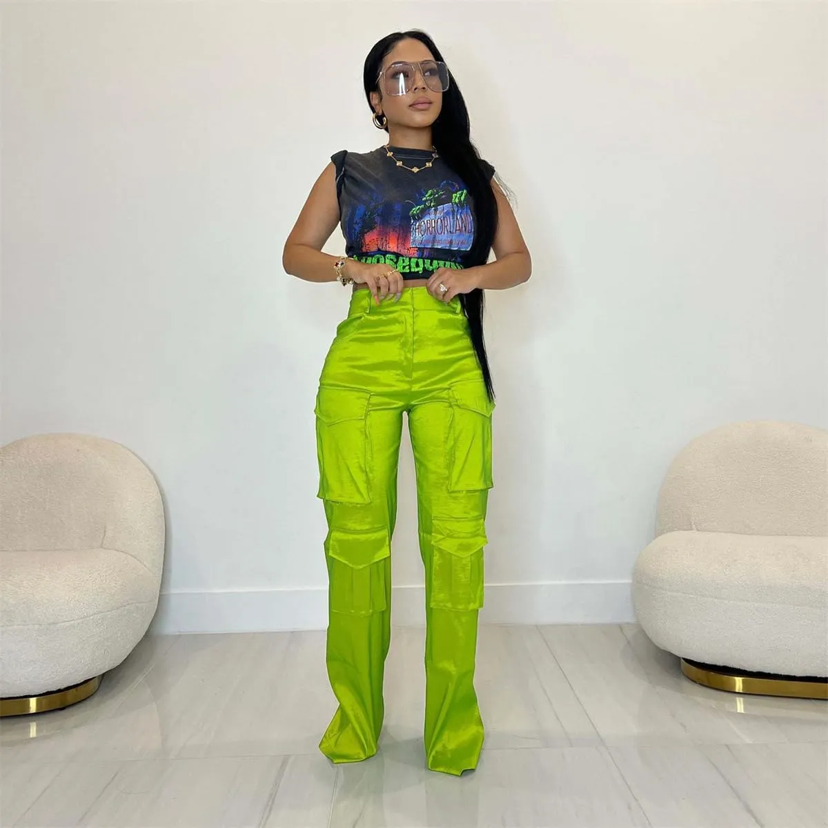 Women's Baggy Cargo Satin Pants Y2K High Waisted Wide Leg Casual Pants Straight Streetwear Trousers with Multi Pockets