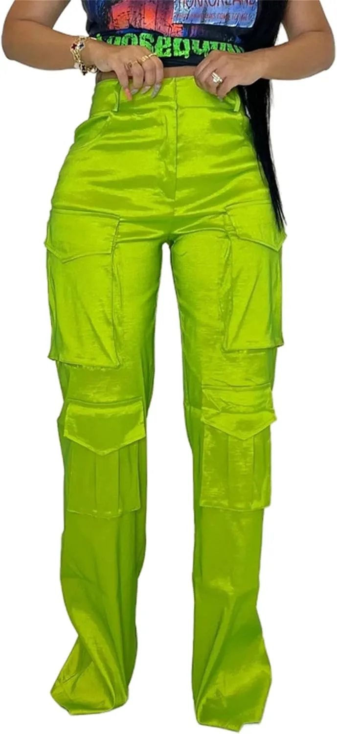 Women's Baggy Cargo Satin Pants Y2K High Waisted Wide Leg Casual Pants Straight Streetwear Trousers with Multi Pockets