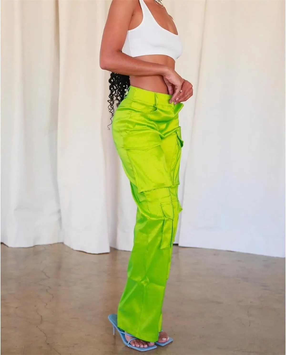Women's Baggy Cargo Satin Pants Y2K High Waisted Wide Leg Casual Pants Straight Streetwear Trousers with Multi Pockets