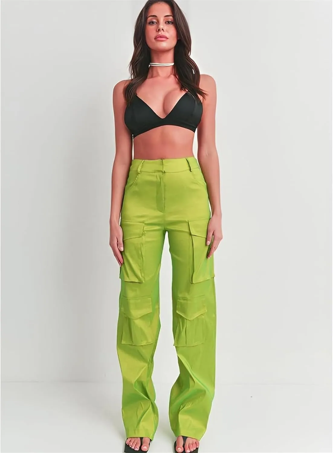 Women's Baggy Cargo Satin Pants Y2K High Waisted Wide Leg Casual Pants Straight Streetwear Trousers with Multi Pockets