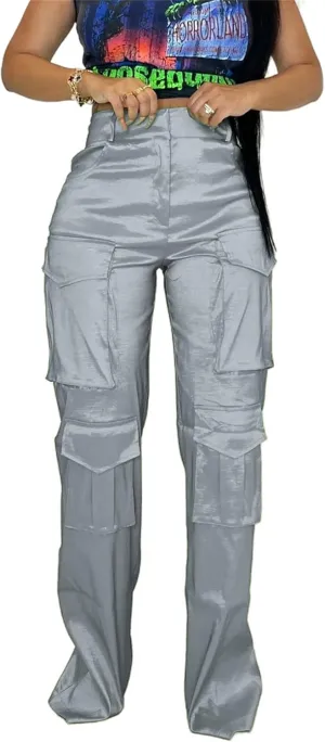 Women's Baggy Cargo Satin Pants Y2K High Waisted Wide Leg Casual Pants Straight Streetwear Trousers with Multi Pockets