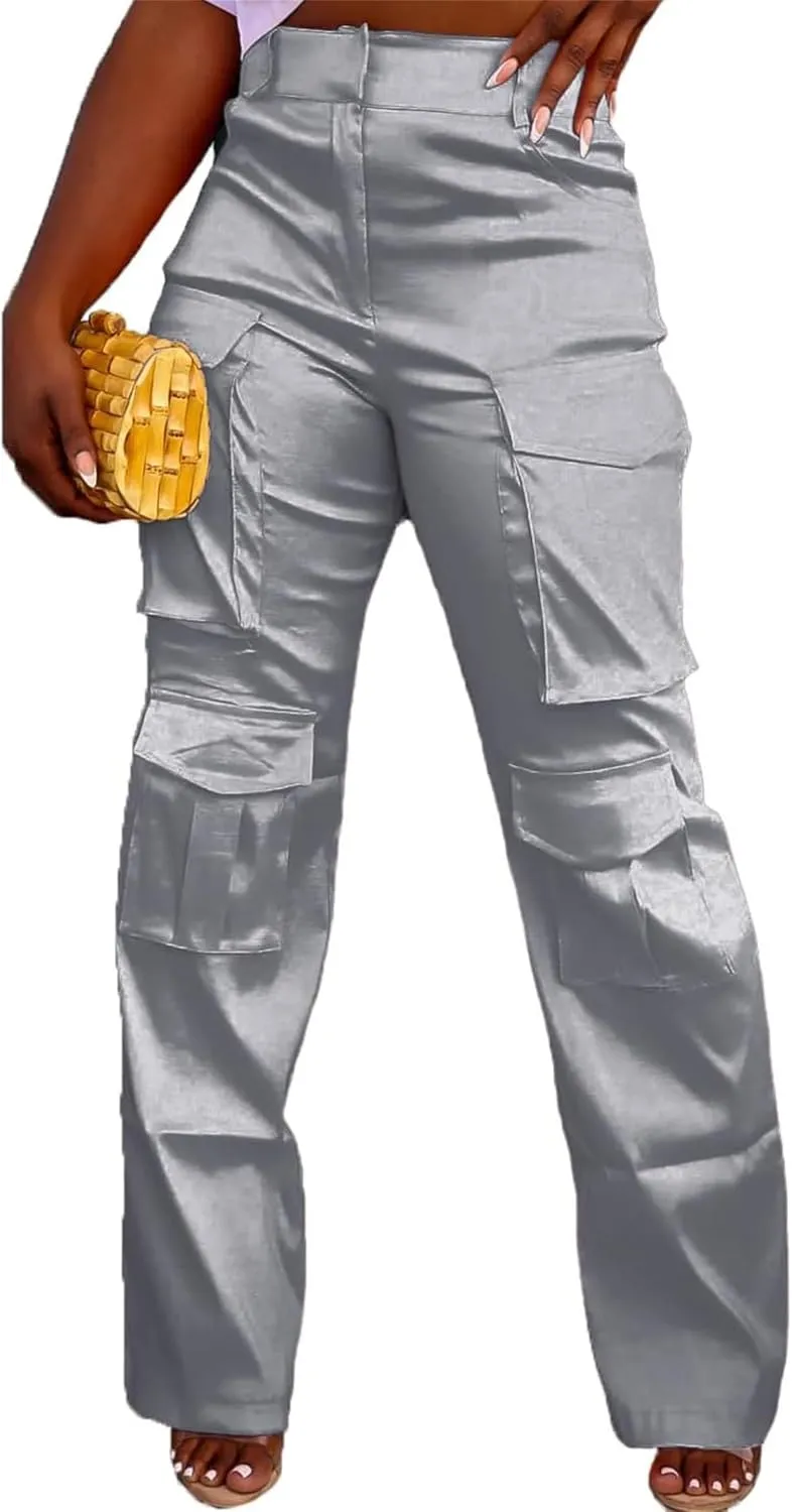 Women's Baggy Cargo Satin Pants Y2K High Waisted Wide Leg Casual Pants Straight Streetwear Trousers with Multi Pockets