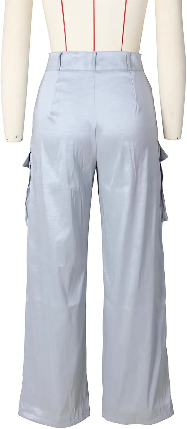 Women's Baggy Cargo Satin Pants Y2K High Waisted Wide Leg Casual Pants Straight Streetwear Trousers with Multi Pockets