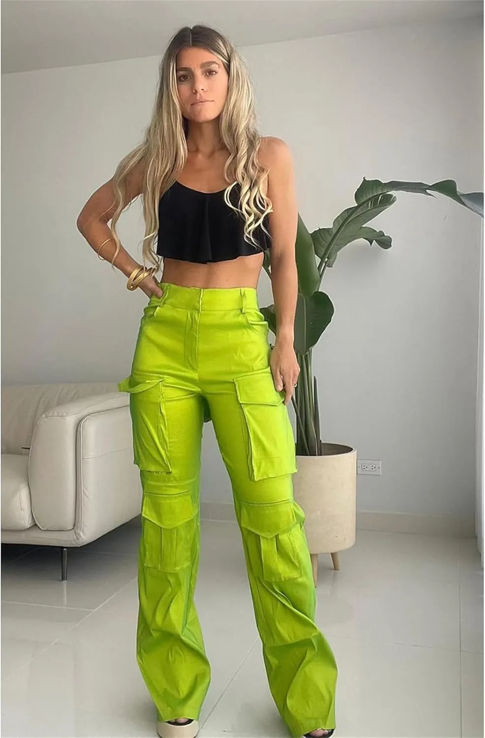 Women's Baggy Cargo Satin Pants Y2K High Waisted Wide Leg Casual Pants Straight Streetwear Trousers with Multi Pockets