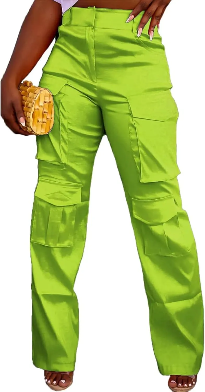 Women's Baggy Cargo Satin Pants Y2K High Waisted Wide Leg Casual Pants Straight Streetwear Trousers with Multi Pockets