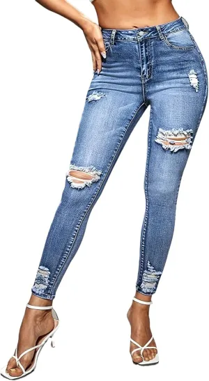 Women's Blue Ripped Holes Skinny Pencil Jeans Slim Fit High Stretch Distressed Tight Denim Pants