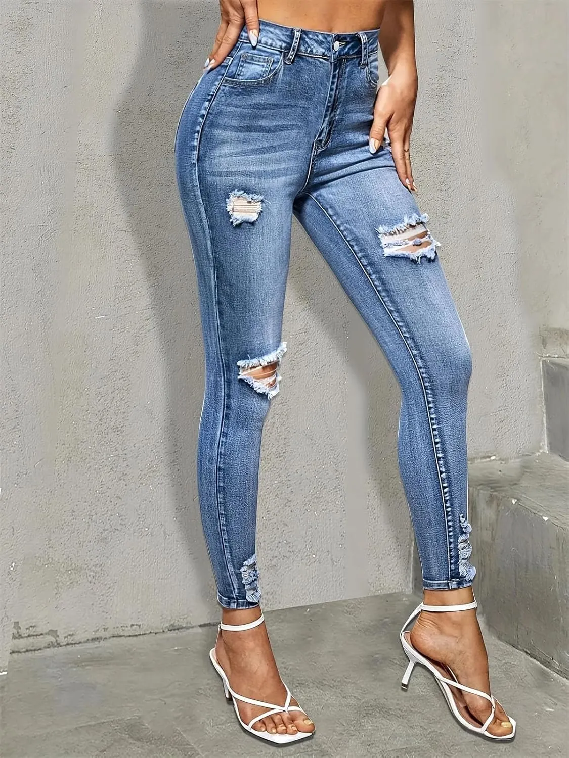 Women's Blue Ripped Holes Skinny Pencil Jeans Slim Fit High Stretch Distressed Tight Denim Pants