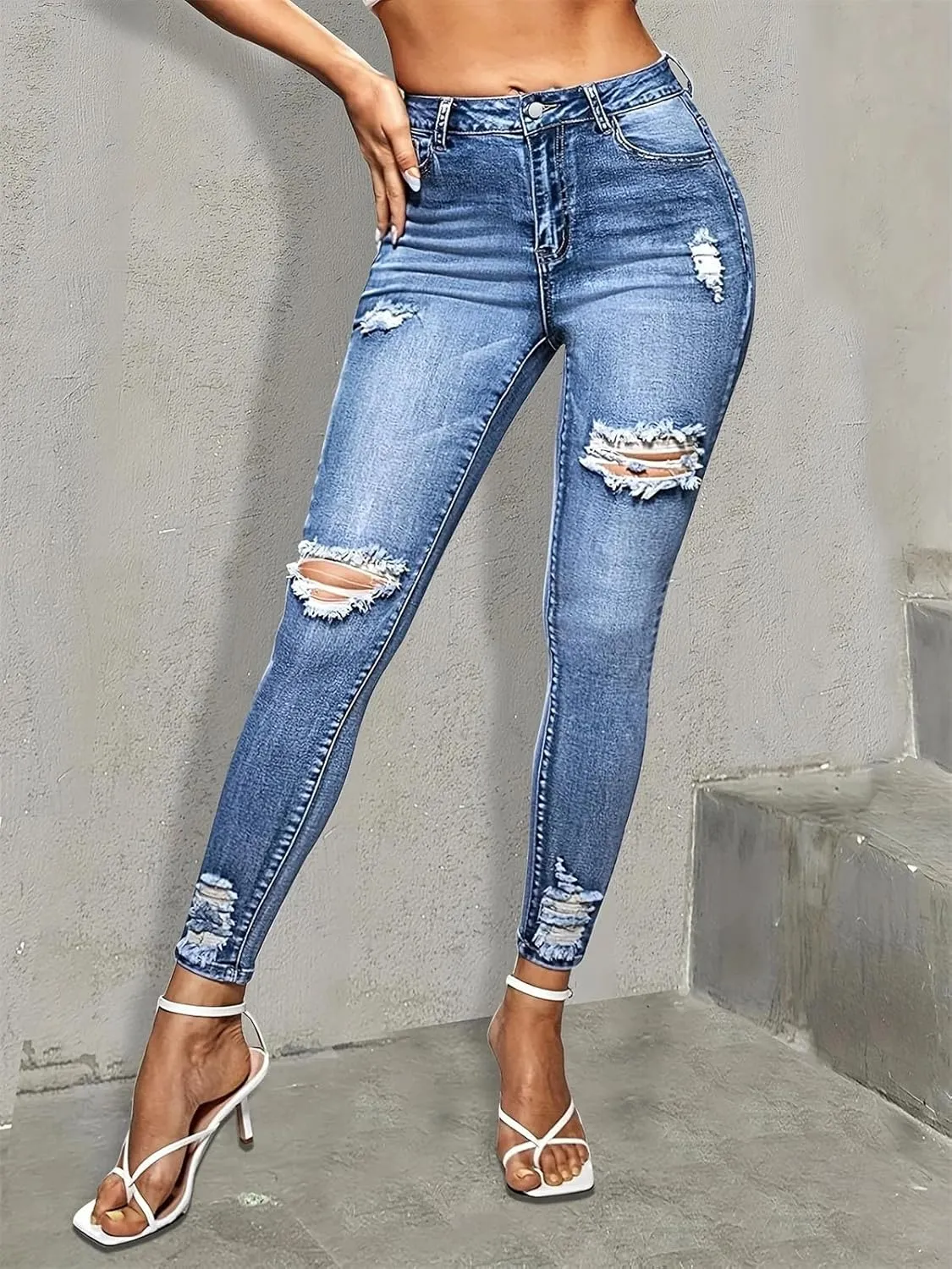 Women's Blue Ripped Holes Skinny Pencil Jeans Slim Fit High Stretch Distressed Tight Denim Pants