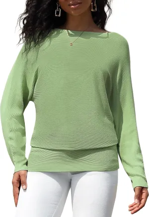 Women's Boat Neck Bat Sleeve Dolman Ribbed Knit Sweater Pullover Top