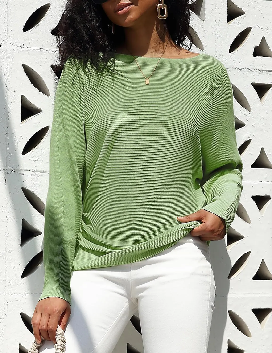 Women's Boat Neck Bat Sleeve Dolman Ribbed Knit Sweater Pullover Top