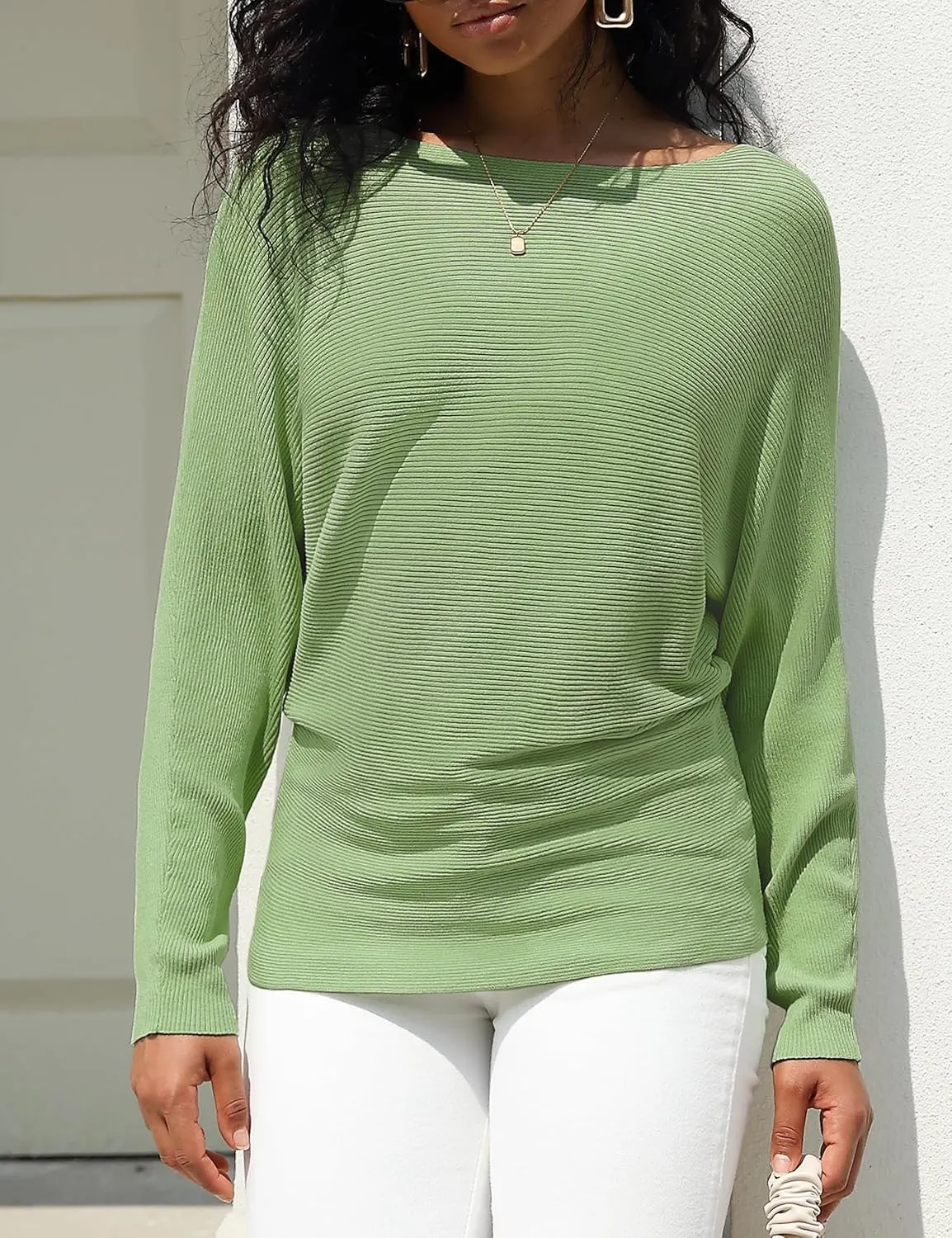 Women's Boat Neck Bat Sleeve Dolman Ribbed Knit Sweater Pullover Top