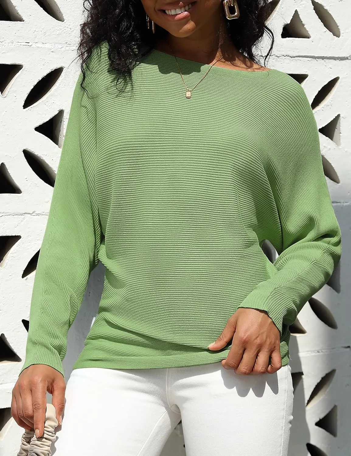 Women's Boat Neck Bat Sleeve Dolman Ribbed Knit Sweater Pullover Top