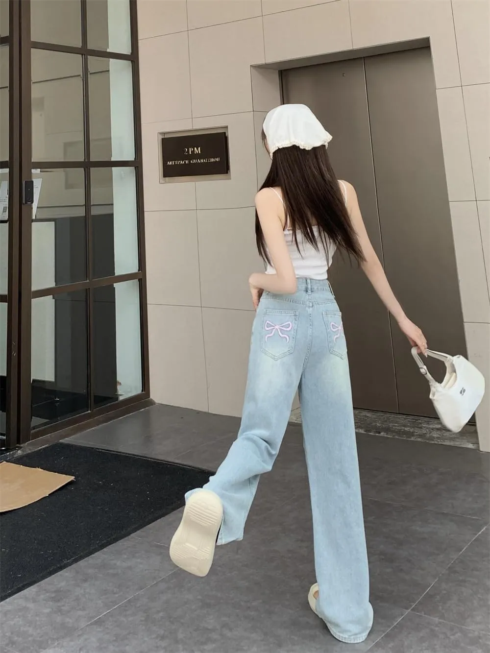 Women's Bowknot Embroidery Jeans High Waist Y2k Straight Leg Casual Boyfriend Denim Pants with Pocket