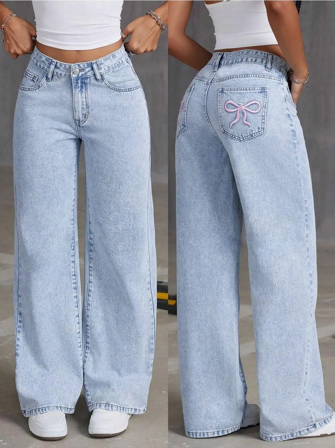 Women's Bowknot Embroidery Jeans High Waist Y2k Straight Leg Casual Boyfriend Denim Pants with Pocket