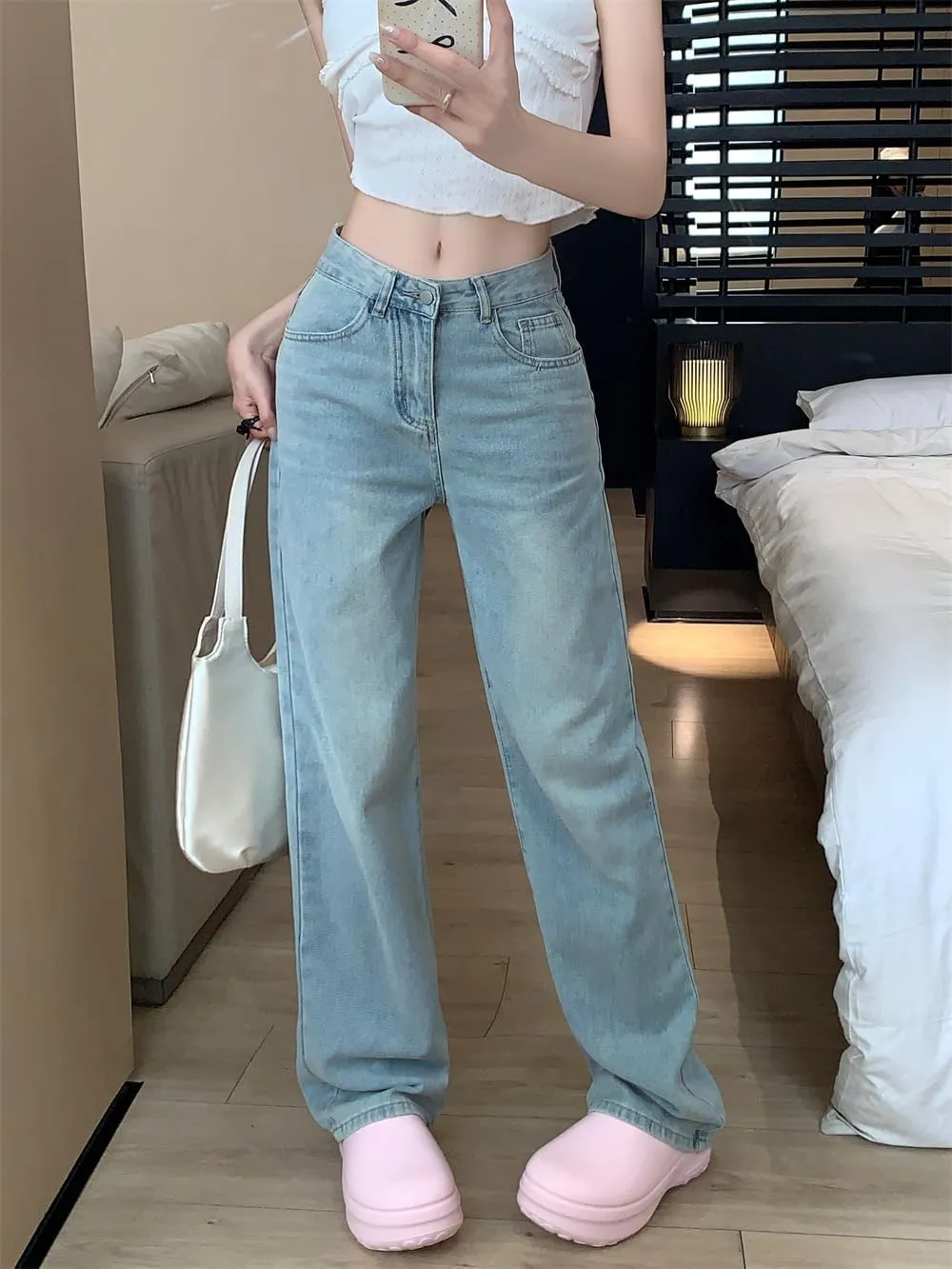 Women's Bowknot Embroidery Jeans High Waist Y2k Straight Leg Casual Boyfriend Denim Pants with Pocket