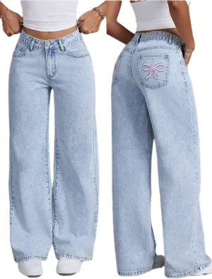 Women's Bowknot Embroidery Jeans High Waist Y2k Straight Leg Casual Boyfriend Denim Pants with Pocket
