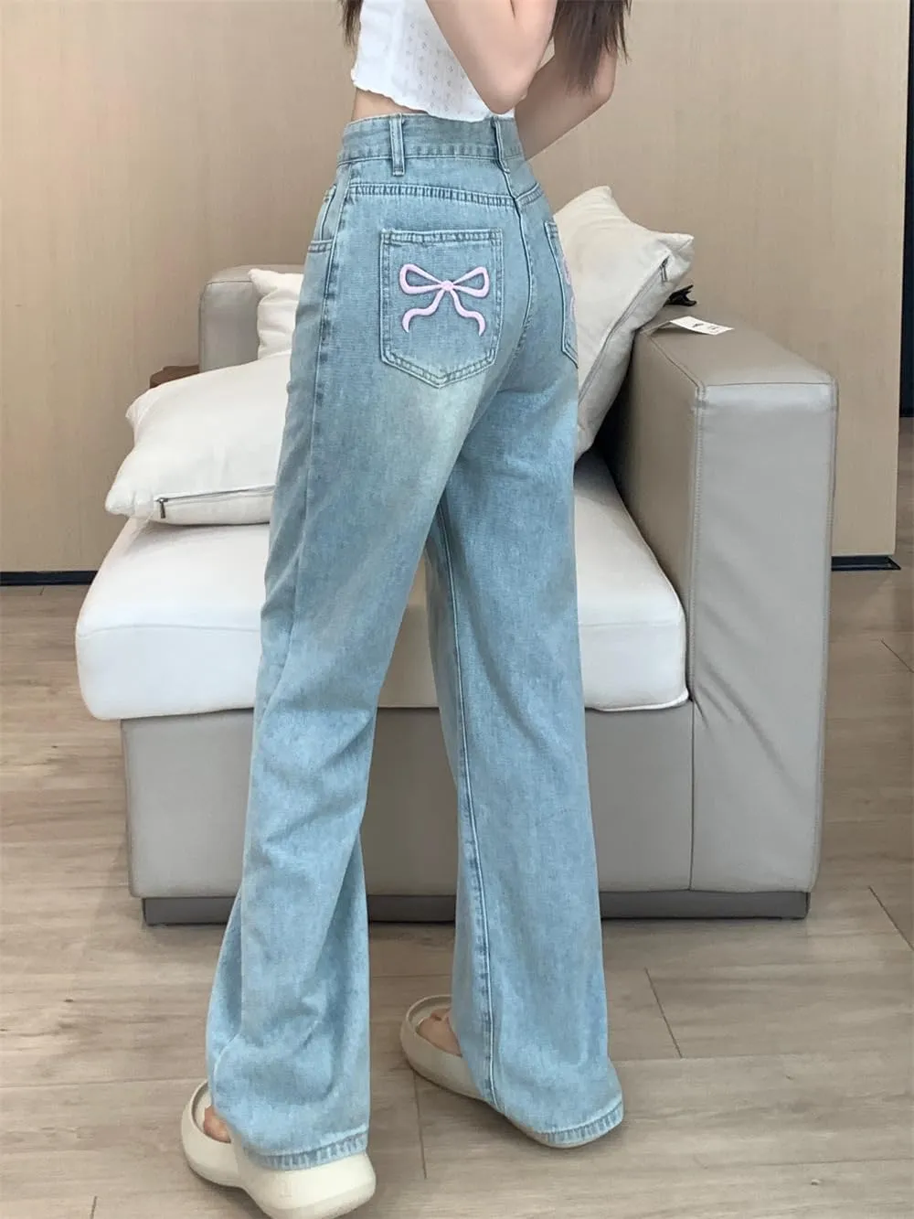 Women's Bowknot Embroidery Jeans High Waist Y2k Straight Leg Casual Boyfriend Denim Pants with Pocket