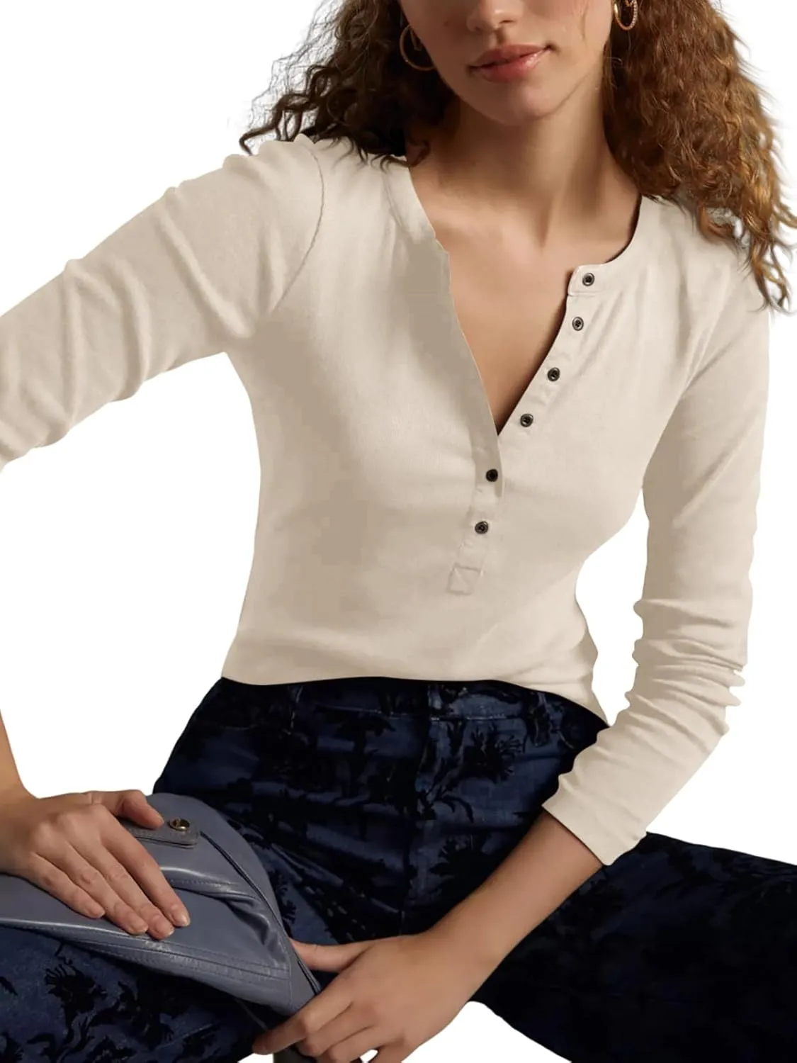 Womens Button Down Henley Shirts Ribbed Deep V Neck Long Sleeve Tops Casual Knit Blouses Tshirts